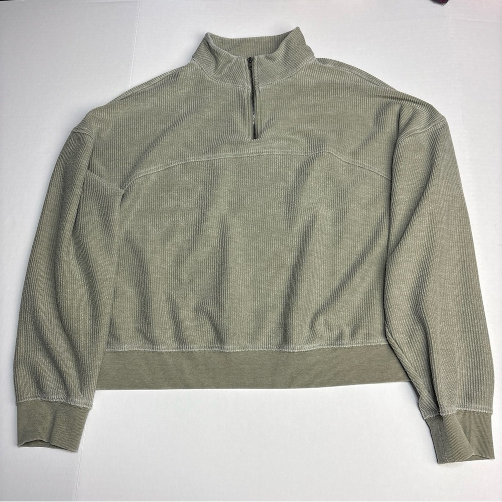 Thread + Supply Women’s Large Shirt Ribbed Olive Green Cropped Collared Pullover